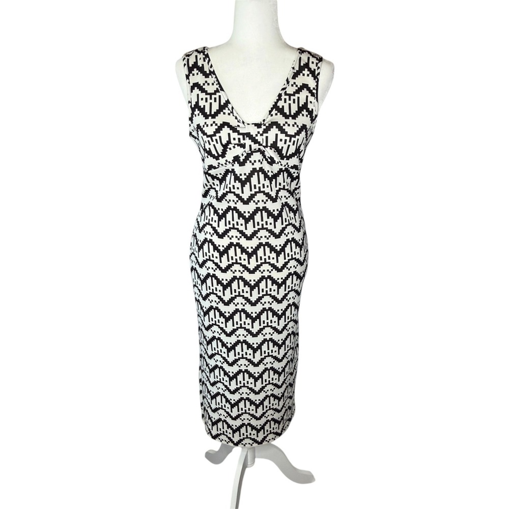 Noble U Women's L Black White Geometric Midi Dress Pixel Print V-Neck Bow
